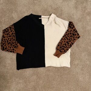 Miami Black and Cream Sweater with Leopard Sleeves